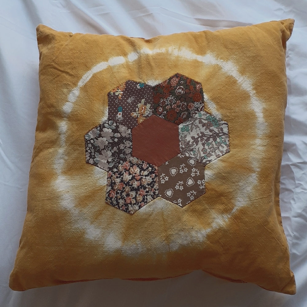 Hand Dyed Grandmothers Flowergarden Quilted Pillow